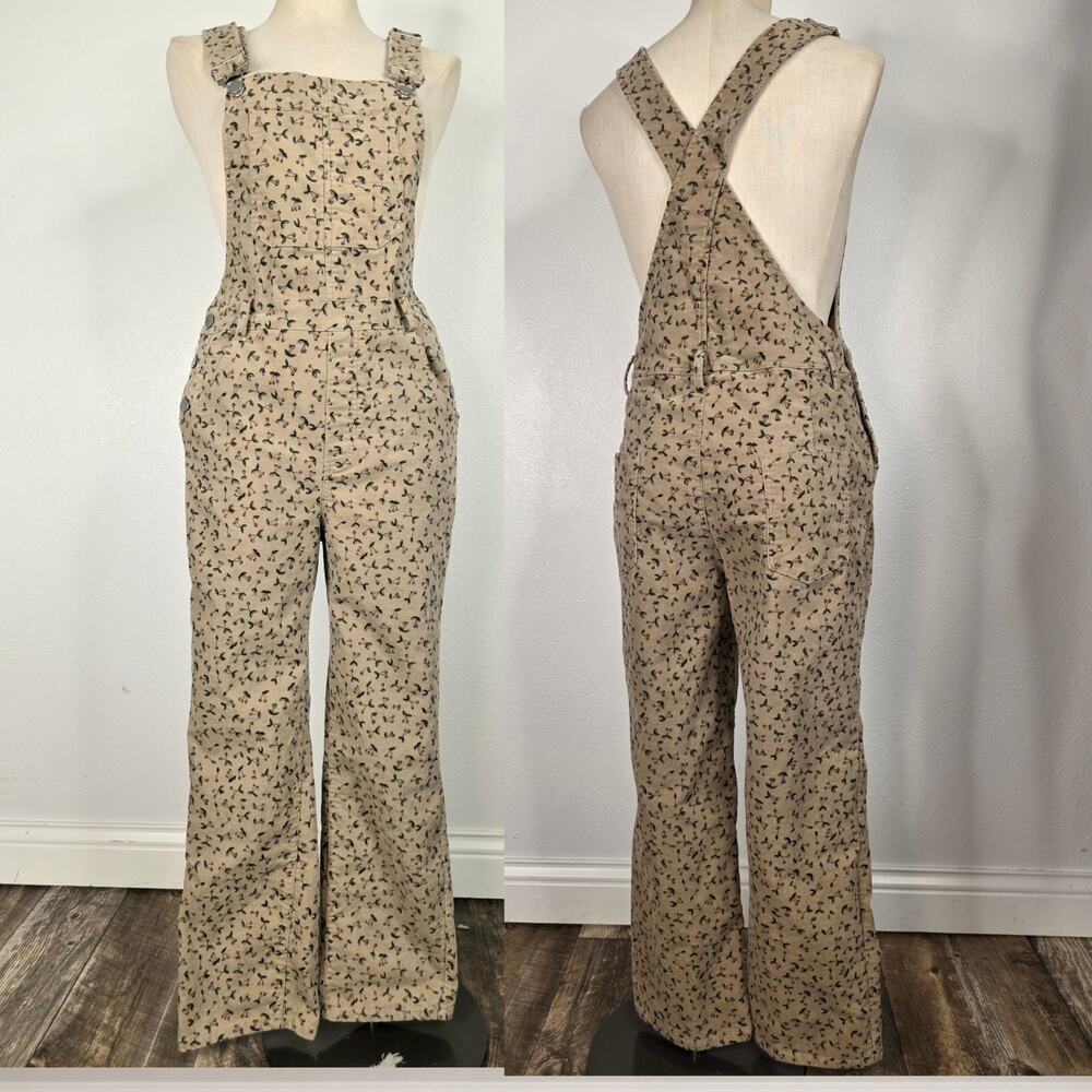 Cherry Print Overalls Wide Leg Cottagecore Beige Dungarees Small - Picture 7 of 9